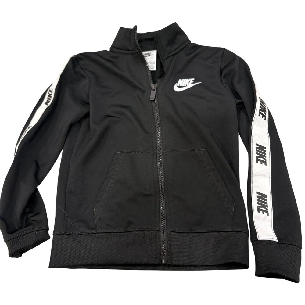 Nike Kids Black Full Zip Track Jacket White Logo Stripes On Sleeves 5-6